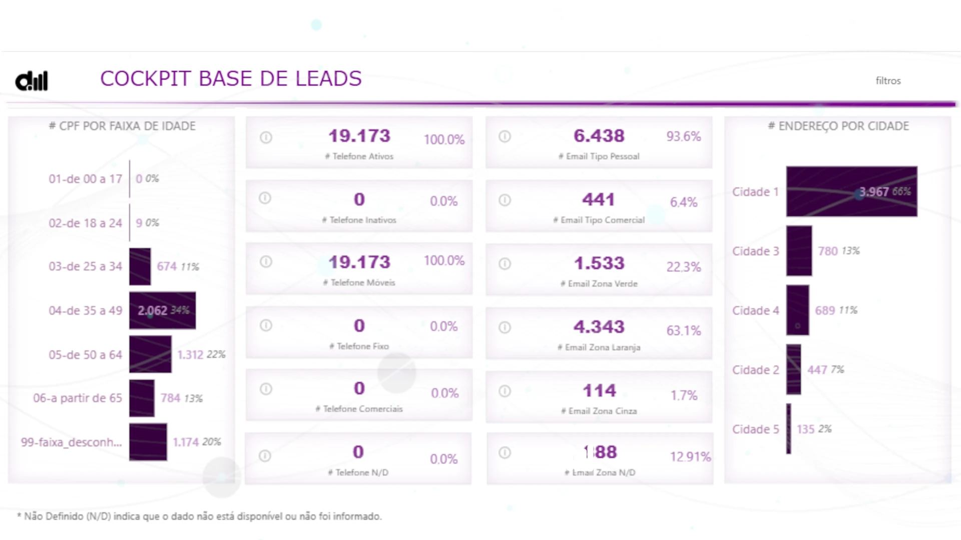 Dashboard de perfil da base de leads com faixa de idade, tipo de telefone, classificação de e-mail e distribuição por cidade.