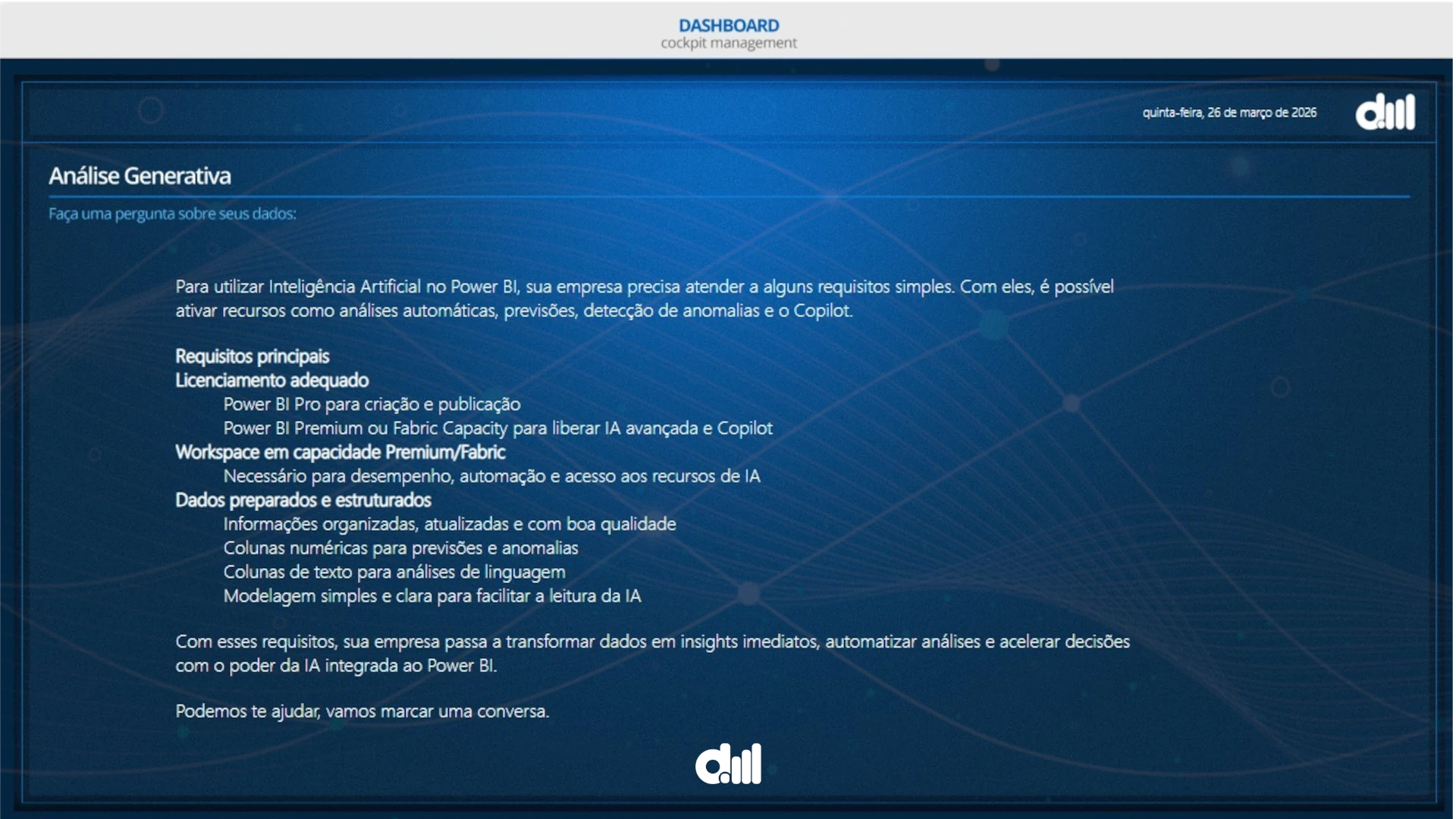 Tela de análise generativa explicando como usar inteligência artificial no Power BI para responder perguntas sobre os dados do funil healthcare.